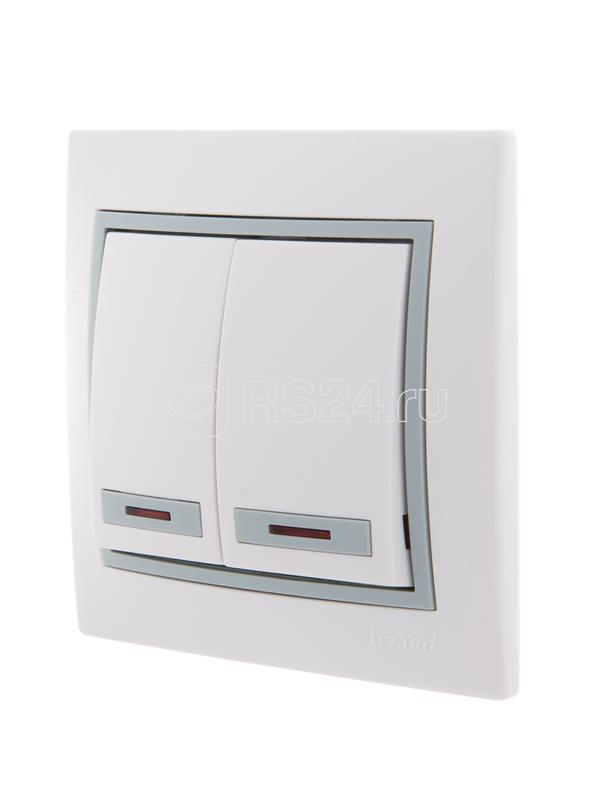 Выключатель 2-кл. СП Mira 10А IP20 с подсветкой с сер. вставкой бел. LEZARD 701-0215-112