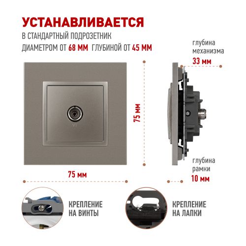 Розетка телевизионная одиночная TV Elegance 14-3101-16 титан Эра Б0065760