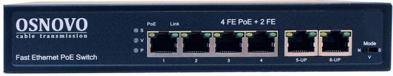 Коммутатор PoE 6 портов 4 PoE порта 10/100 Base-T 2х10/100 Base-T Uplink до 30Вт на порт суммарно до 80Вт SW-20600(80W) OSNOVO 1000634495