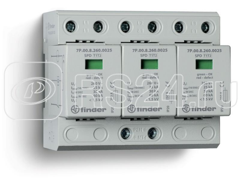 Устройство защиты от импульсных перенапряжений УЗИП тип 1+2 (3 варистор/искровый разрядник) модульный 108мм IP20 FINDER 7P0382601025