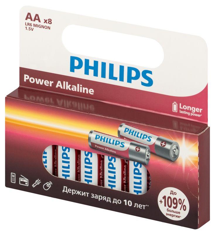 Элемент питания алкалиновый AA/LR6 1.5В Power (блист. 8шт) Philips Б0064634