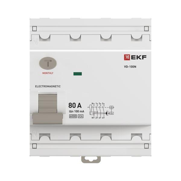 Выключатель дифференциального тока 4п 80А 100мА тип A 6кА ВД-100N электромех. PROxima EKF E1046MA80100