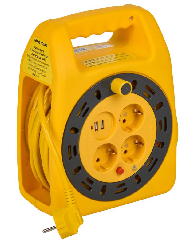 Удлинитель на катушке 3х15м с заземл. Industrial УК15 2P+PE 3х1.5кв.мм USBх2 LED термозащита IEK IN-KP24-16-03-15-UL
