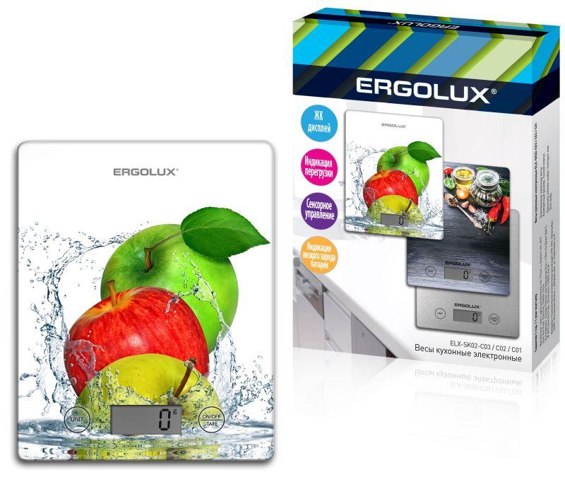 Весы кухонные ELX-SK02-С01 до 5кг 195х142мм бел. яблоки Ergolux 13602