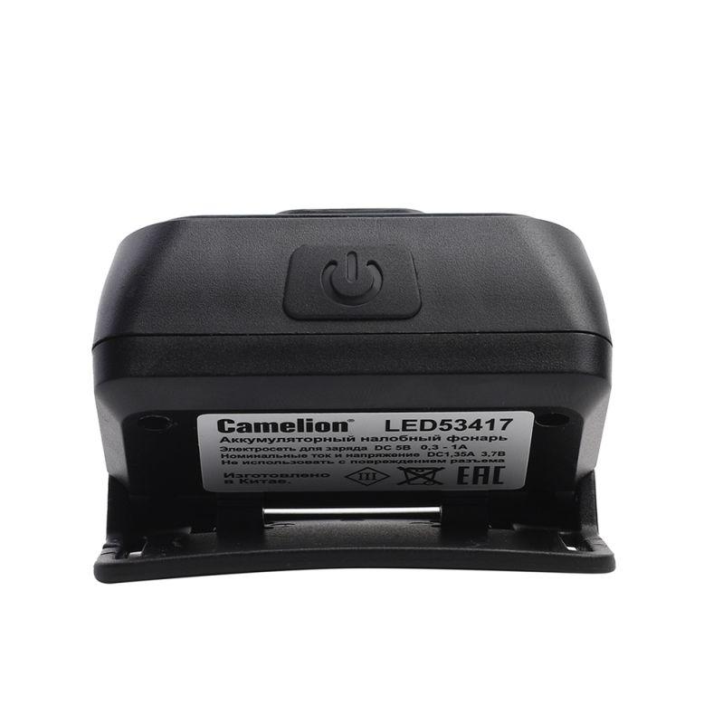 Фонарь аккумуляторный налобный 3.7В XPE+2 x COB 3Вт 5 режимов Type-C бокс LED53417 черн. Camelion 15747
