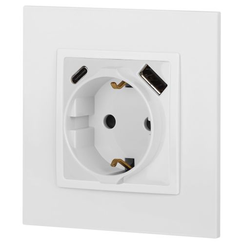 Розетка Elegance 14-4108-01 16A 250В 2P+E защ. шторки с USB type-A+C 3А 5В белый Эра Б0067736