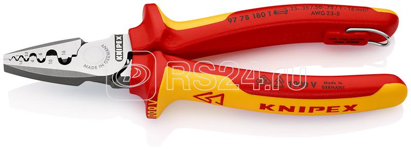 Пресс-клещи для обжима контактных гильз VDE L-180мм диэлектрические крепление для страховки блистер Knipex KN-9778180TBK