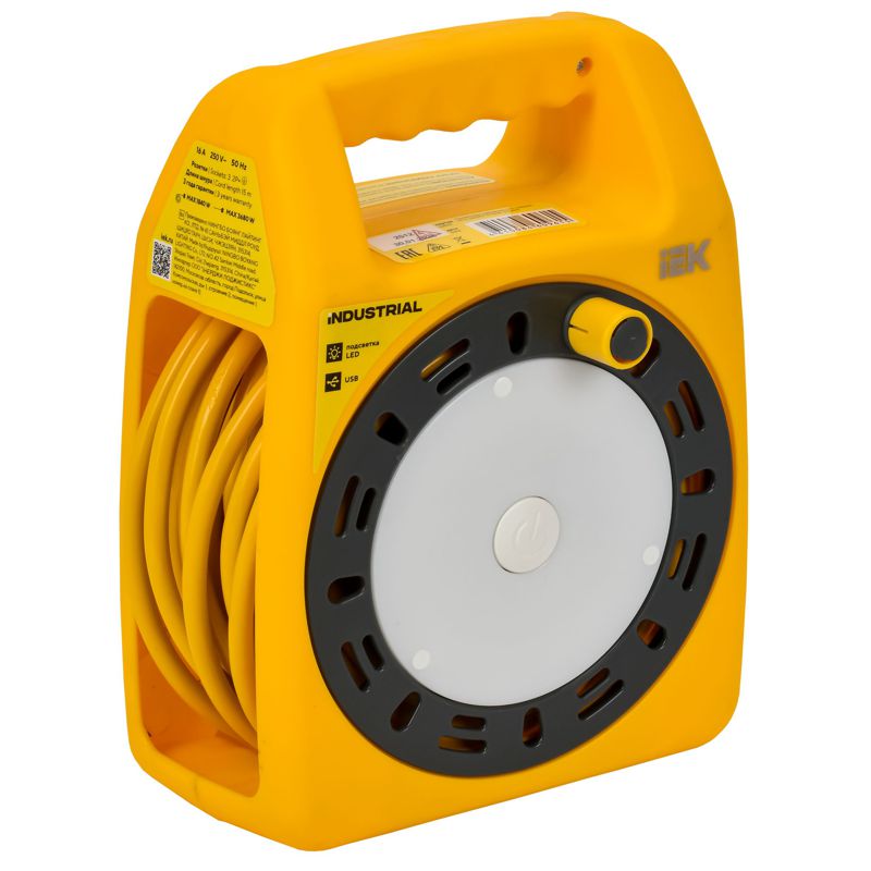 Удлинитель на катушке 3х15м с заземл. Industrial УК15 2P+PE 3х1.5кв.мм USBх2 LED термозащита IEK IN-KP24-16-03-15-UL