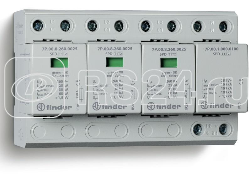 Устройство защиты от импульсных перенапряжений УЗИП тип 1 + 2 (3 варистор/искровый разрядник + 1 искровый разрядник) модульный 144мм IP20 FINDER 7P0482601025