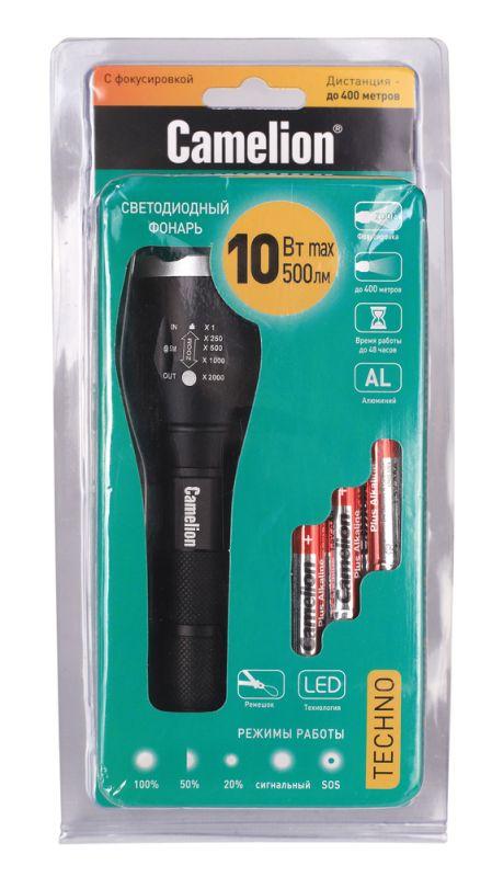 Фонарь LED5136 XML-T6 ZOOM 3 режима 3хLR03 (в компл.) алюм. черн. (открывающ. блист.) Camelion 12971