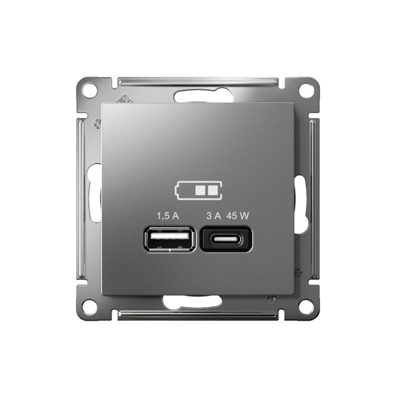 Розетка USB AtlasDesign тип A+C 45Вт QC PD высокоскор. ЗУ механизм сталь SE ATN000929