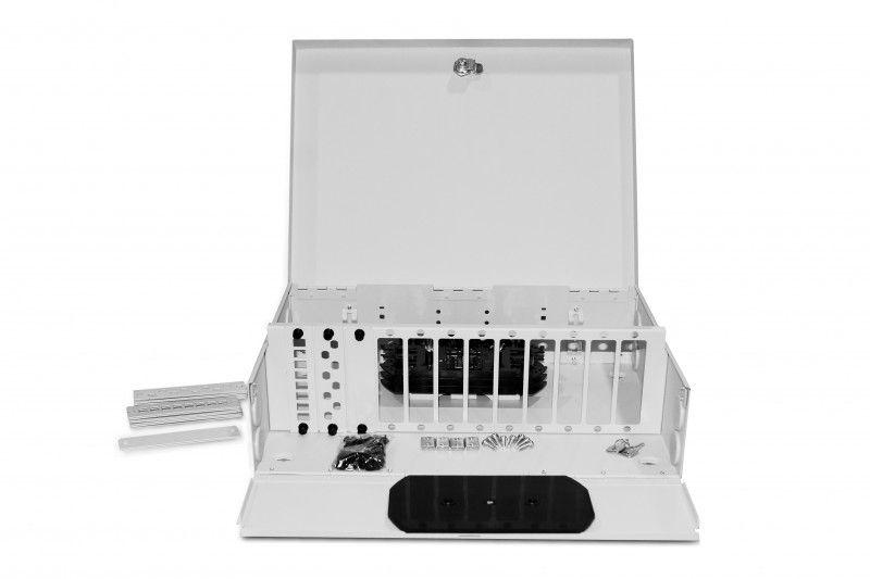 Бокс оптический FO-WBX-12хSLT-W140H42-96UN-GY универс. настенный от 8 до 96 портов (SC duplex LC ST FC) (со спайс. пласт. без пигтейлов. и прох. адапт.) сер. Hyperline 250445