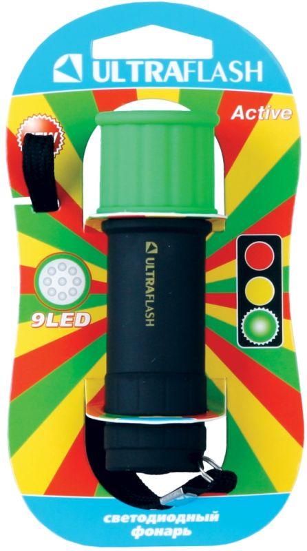 Фонарь LED15001-C 3хR03 светофор зел. с черн. 9LED (блист.) Ultraflash 10481
