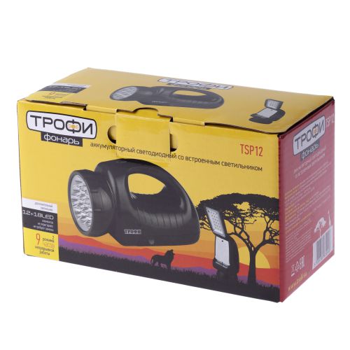 Фонарь-прожектор аккумуляторный TSP12 12 + 18LED аккум. 4В 1.8А.ч ЗУ 220В (картон. упак.) Трофи C0045551