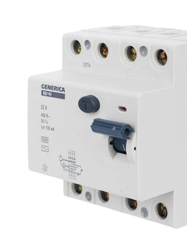 Выключатель дифференциального тока (УЗО) 4п 32А 100мА тип AC ВД1-63 GENERICA MDV15-4-032-100