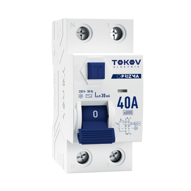 Выключатель дифференциального тока (УЗО) 2п (1P+N) 40А 30мА тип AC 6кА PRIZMA TOKOV ELECTRIC TKE-PZ60-RCDM-2-40-30-AC