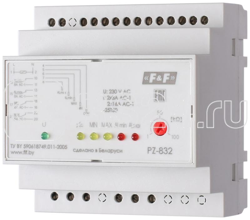 Реле уровня PZ-832 (четырехуровневый контроль аварийных макс. и мин. уровней монтаж на DIN-рейке 35мм 230В AC 2х8А + 2х16А 2перекл. + 2НО IP20) F&F EA08.001.005