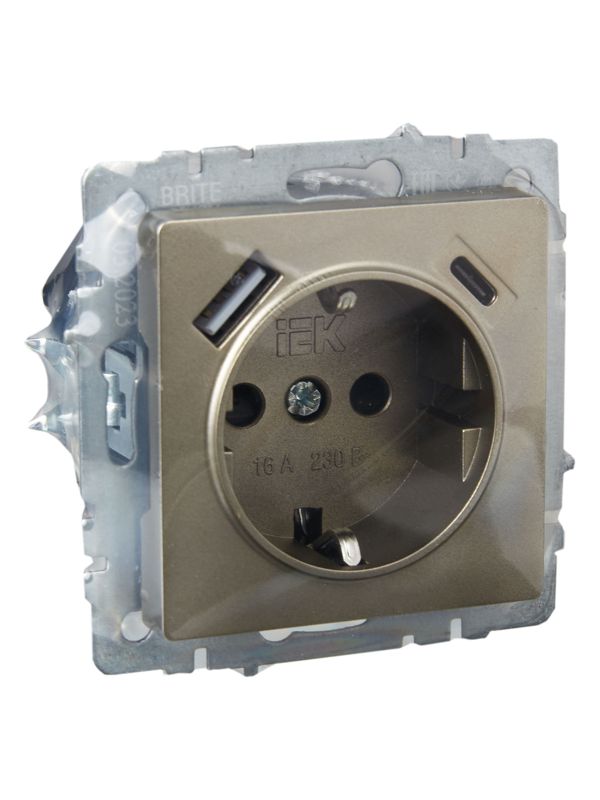 Розетка BRITE РЮш11-1-БрШ 16А с USB A+C 18Вт с заземл. защ. шторки механизм шампань IEK BR-R14-16-U22-018-K37