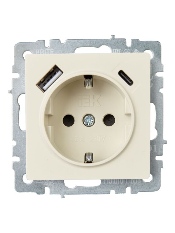Розетка BRITE РЮш11-1-БрКр 16А с USB A+C 18Вт с заземл. защ. шторки механизм беж. IEK BR-R14-16-U22-018-K10