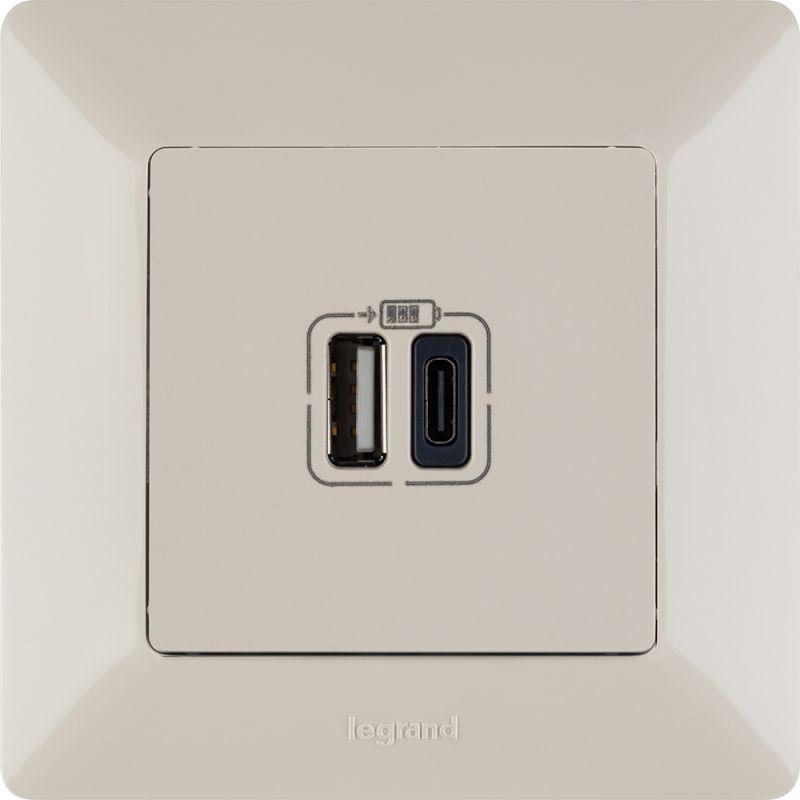 Устройство зарядное Valena Life с 2-мя USB-разъемами тип A-тип C 240В/5В 3000мА с лиц. панелью сл. кость Leg 753206