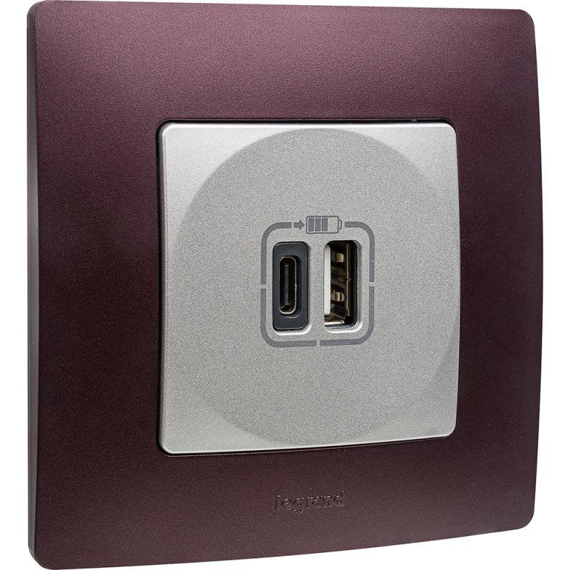 Устройство зарядное Etika с 2-мя USB разъемами A и C 240В/5В 3000мА алюм. IEK 672436