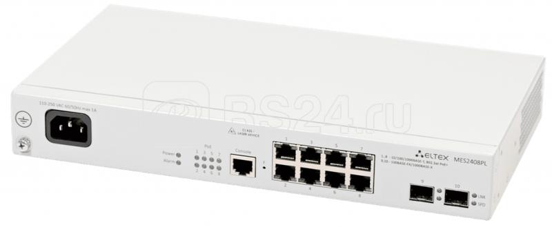 Коммутатор Ethernet 8 портов 10/100/1000 Base-T (PoE/PoE+) 2 порта 10/100/1000 Base-T/1000Base-X (SFP) 220В AC (бюджет PoE 65Вт) ELTEX MES2408PL
