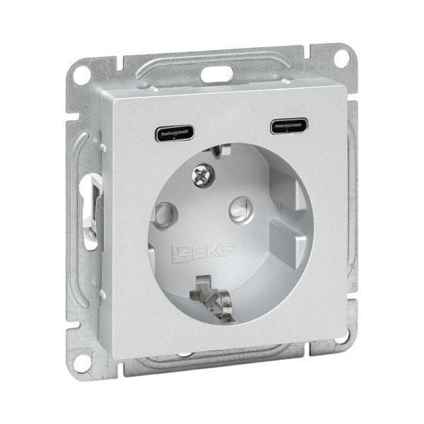 Розетка СП Эпика 16А с 2 USB-C с заземл. защ. шторки механизм алюм. EKF UP1-SOA-111-2USBC