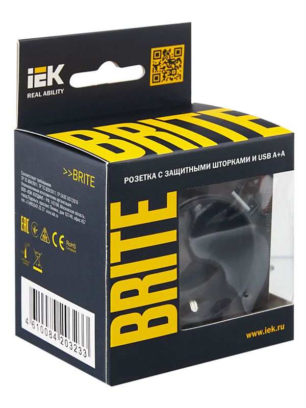 Розетка BRITE РЮш10-1-БрЧ 16А с USB A+A 2.1А с заземл. защ. шторки механизм черн. IEK BR-R14-16-U21-D21-K02