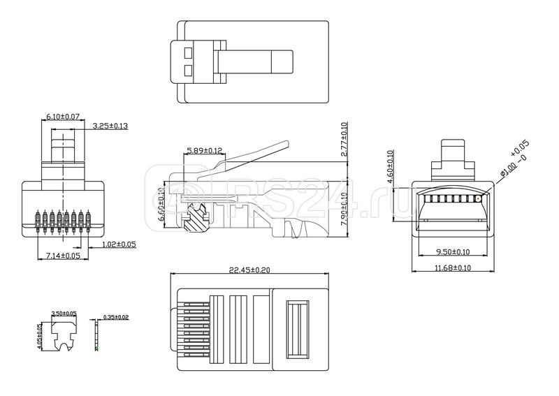 Коннектор RJ45 (8P8C) под витую пару кат.5E универс. для ож и мж кабеля для проводников s=105мм по изоляции Cabeus 7009c