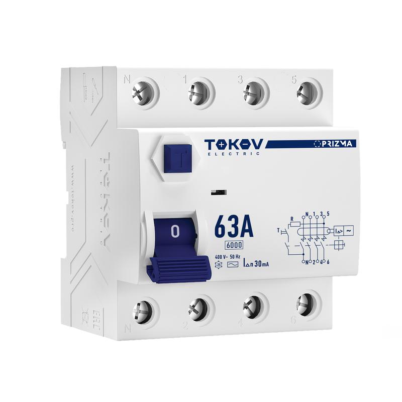 Выключатель дифференциального тока (УЗО) 4п (3P+N) 63А 30мА тип AC 6кА PRIZMA TOKOV ELECTRIC TKE-PZ60-RCDM-4-63-30-AC