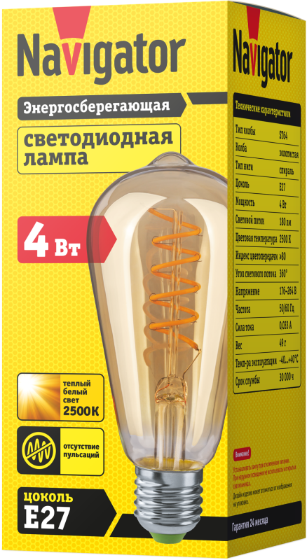 Лампа светодиодная 61 628 NLL-F-ST64-4-230-2.5K-E27-SPIRAL 4Вт грушевидная прозрачная 2500К тепл. бел. E27 180лм 176-264В Navigator 61628