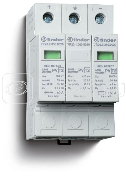 Устройство защиты от импульсных перенапряжений УЗИП тип 2 (2 варистора + 1 искровый разрядник) для фотогальванических систем 1000В DC модульный 52.5мм IP20 FINDER 7P2690001015