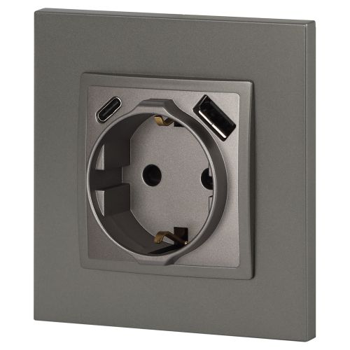 Розетка Elegance 14-4108-16 16A 250В 2P+E защ. шторки с USB type-A+C 3А 5В титан Эра Б0067695