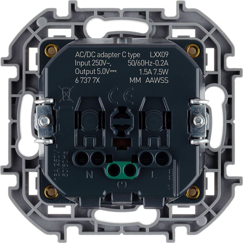 Розетка 1-м СП Inspiria 16А IP20 250В 2P+E немецк. стандарт с заряд. устройством USB тип C 1.5А 5В механизм сл. кость IEK 673771