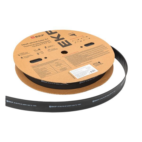 Трубка термоусадочная ТУТ нг 30/15 черн. (уп.50м) EKF tut-30-b