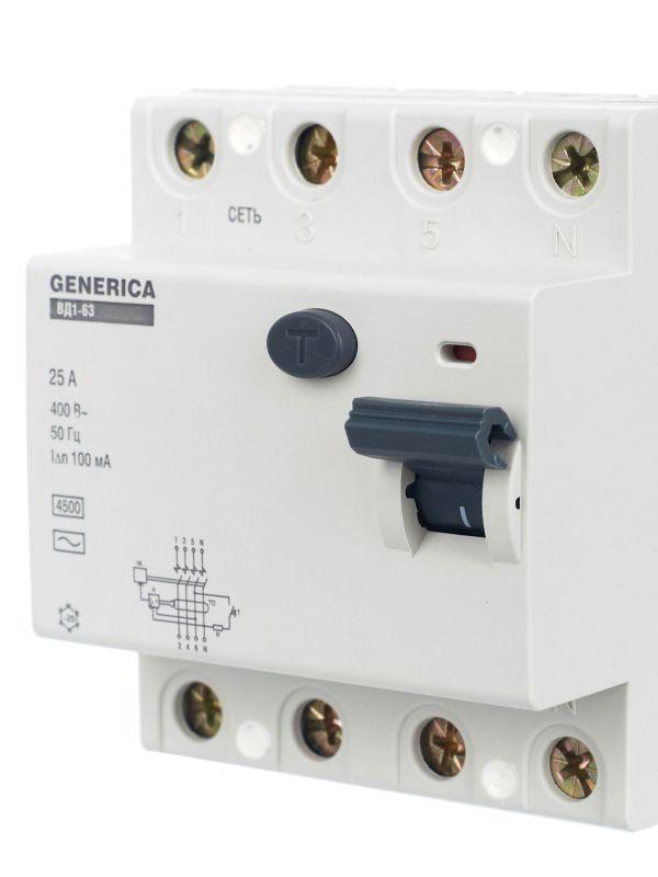 Выключатель дифференциального тока (УЗО) 4п 25А 100мА тип AC ВД1-63 GENERICA MDV15-4-025-100