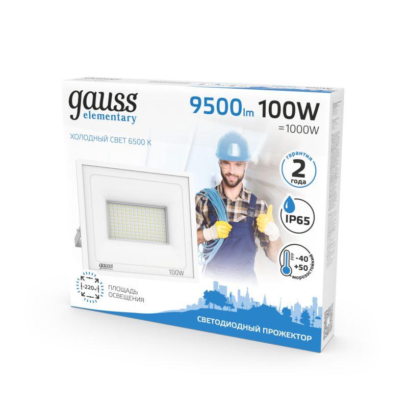 Прожектор светодиодный Elementary 100Вт 6500К IP65 9000лм 175-265В ДО бел. GAUSS 613120300