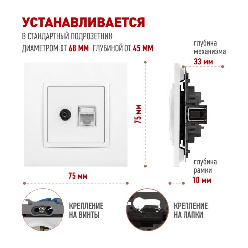 Розетка компьютерная + телевизионная Elegance 14-3110-01М RJ45+TV матов. бел. Эра Б0065767