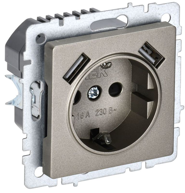 Розетка BRITE РЮш10-1-БрШ 16А с USB A+A 2.1А с заземл. защ. шторки механизм шампань IEK BR-R14-16-U21-D21-K37