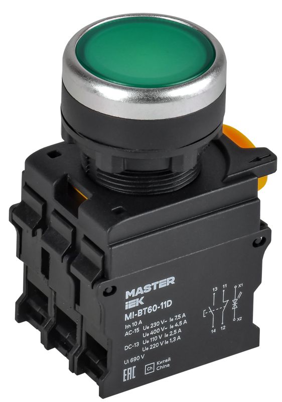 Кнопка d22мм 1НО+1НЗ MASTER с подсветкой зел. IEK MI-BT60-11D-3-12-K06
