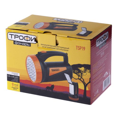 Фонарь-прожектор аккумуляторный TSP19 19 + 18LED аккум. 4В 2А.ч ЗУ 220В (картон. упак.) Трофи C0045552/Б0008436