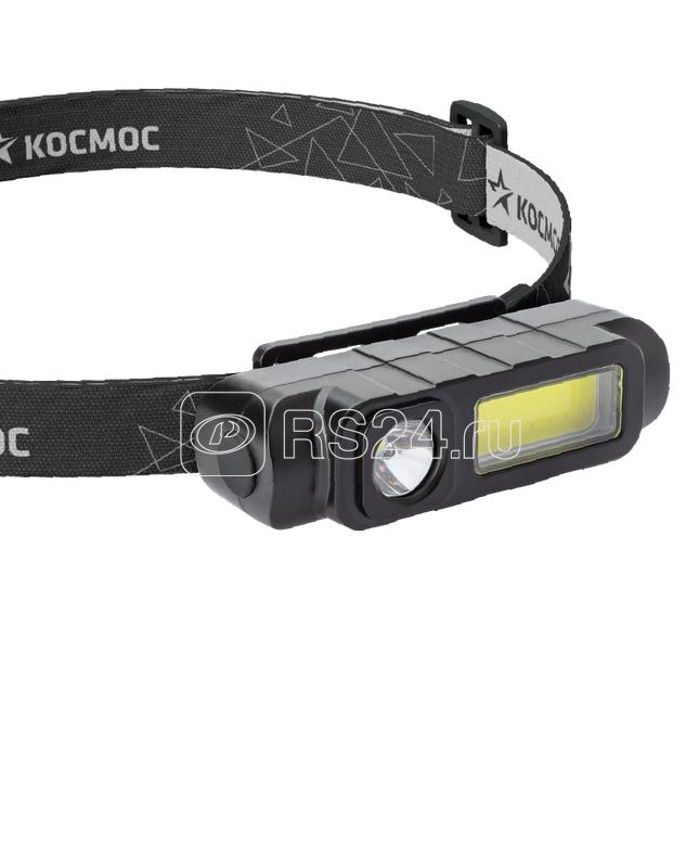 Фонарь аккумуляторный налобный 1Вт LED+3Вт COB LED Li-ion 18650 800мА.ч корпус ABS-пластик USB-шнур регулируемый эласт. ремешок КОСМОС KOC510Lit