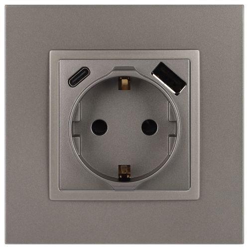 Розетка Elegance 14-4108-16 16A 250В 2P+E защ. шторки с USB type-A+C 3А 5В титан Эра Б0067695