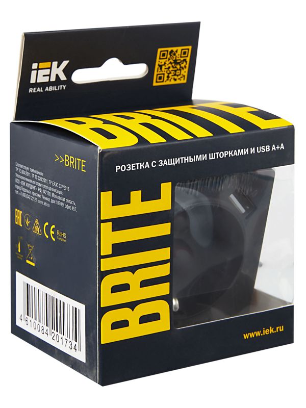 Розетка BRITE РЮш10-1-БрГ 16А с USB A+A 2.1А с заземл. защ. шторки механизм графит IEK BR-R14-16-U21-D21-K53