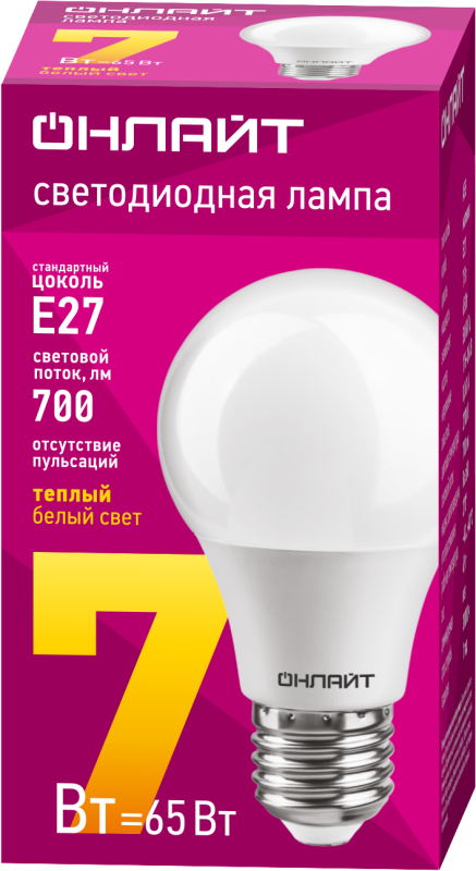 Лампа светодиодная 71 647 OLL-A60-7-230-2.7K-E27 7Вт грушевидная 2700К тепл. бел. E27 700лм 176-264В ОНЛАЙТ 71647