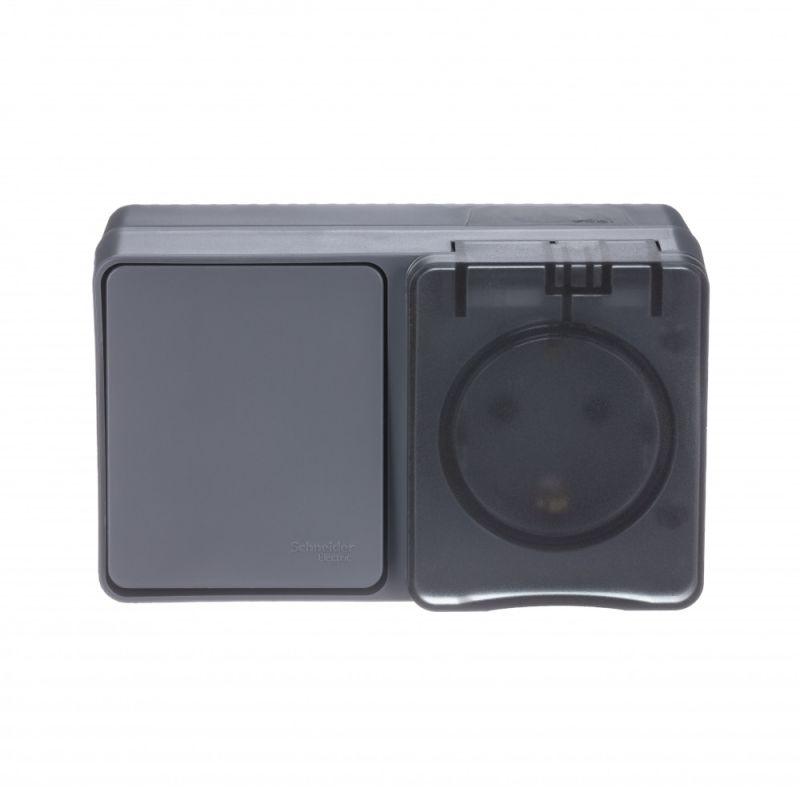 Блок ОП AtlasDesign PROFI IP54 (розетка 1-м 16А заземл. защ. шторки + 1-кл. выключатель 10А) антрацит SE ATN544070