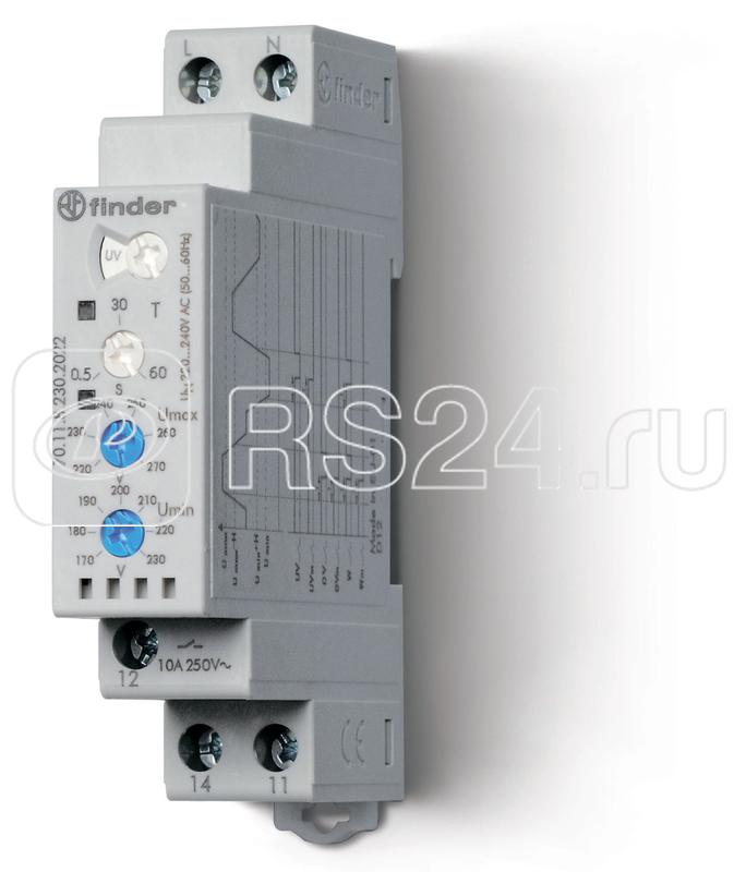 Реле контрольное для 1-фазных сетей пониженное/повышенное напряжение выход 1CO 10А модульное 17.5мм IP20 FINDER 701182302022PAS