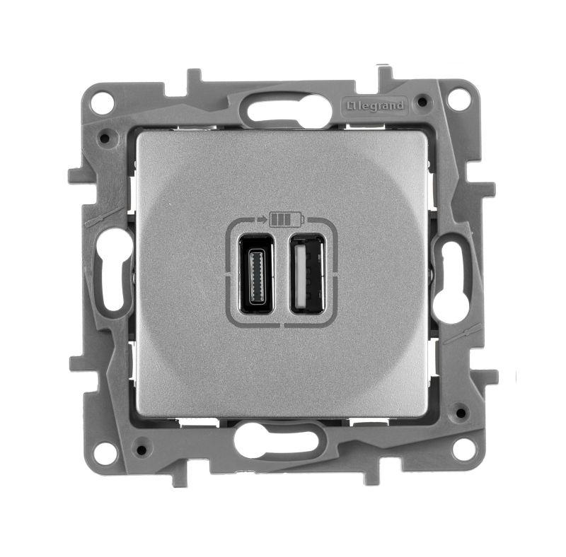 Устройство зарядное Etika с 2-мя USB разъемами A и C 240В/5В 3000мА алюм. IEK 672436