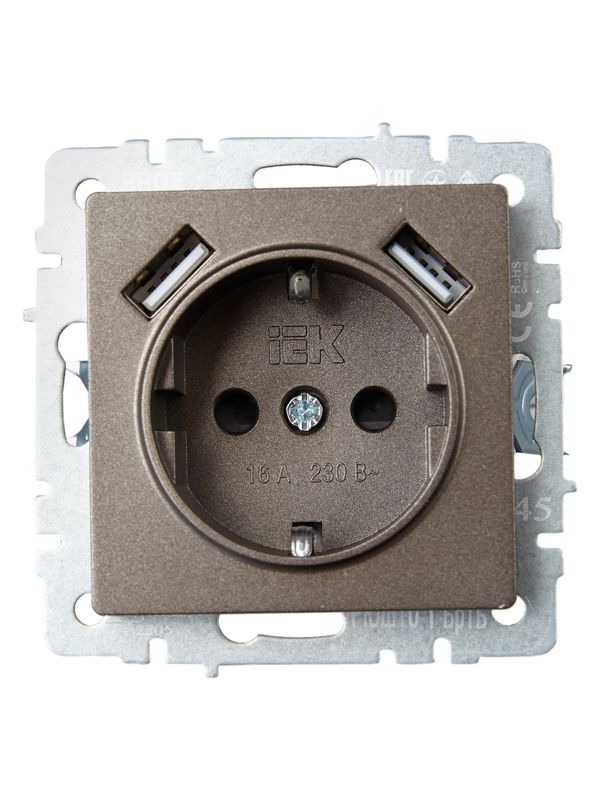 Розетка BRITE РЮш10-1-БрТБ 16А с USB A+A 2.1А с заземл. защ. шторки темн. механизм бронза IEK BR-R14-16-U21-D21-K45