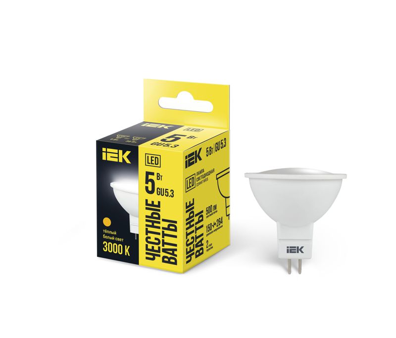 Лампа светодиодная MR16 5Вт 3000К тепл. бел. GU5.3 450лм 230-240В IEK LLE-MR16-5-230-30-GU5